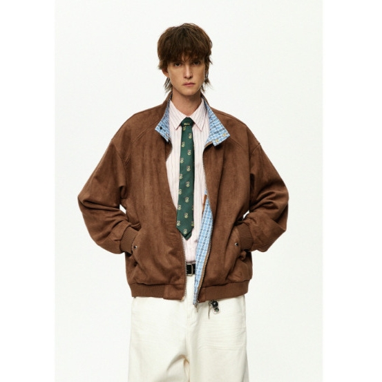 欧洲站新款格子拼接麂皮绒外套男女款秋季350G空气层棒球服情侣休