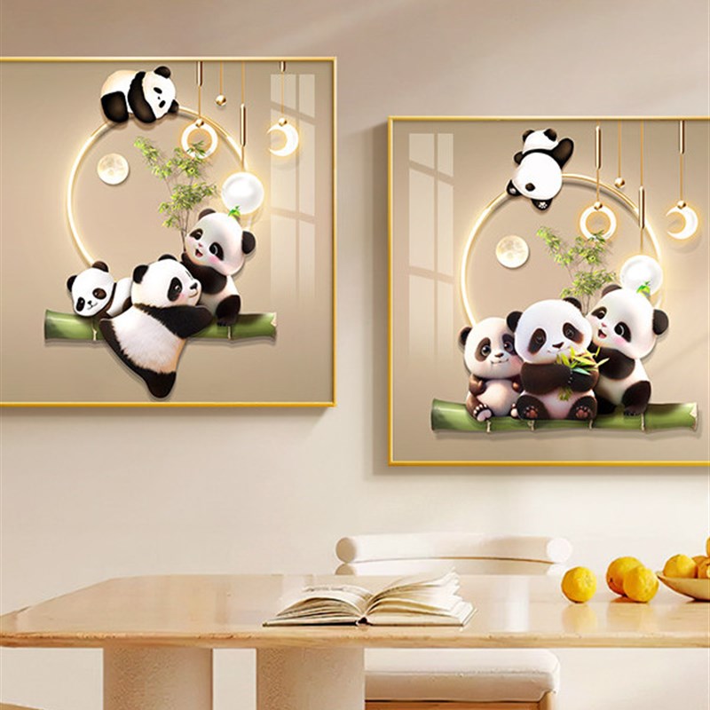 可爱熊猫a卫生间装饰画轻奢卡通洗手间厕所壁画玄关餐厅正方形挂图片
