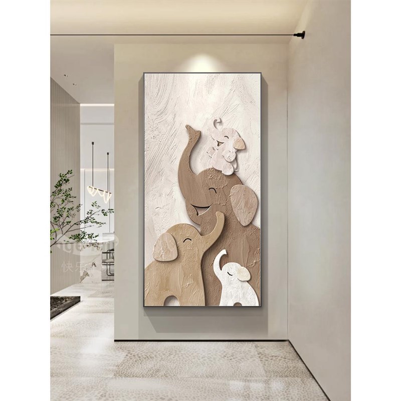 大象玄关装饰f画现代轻奢抽象壁画走廊过道挂画入户竖版奶油风图片