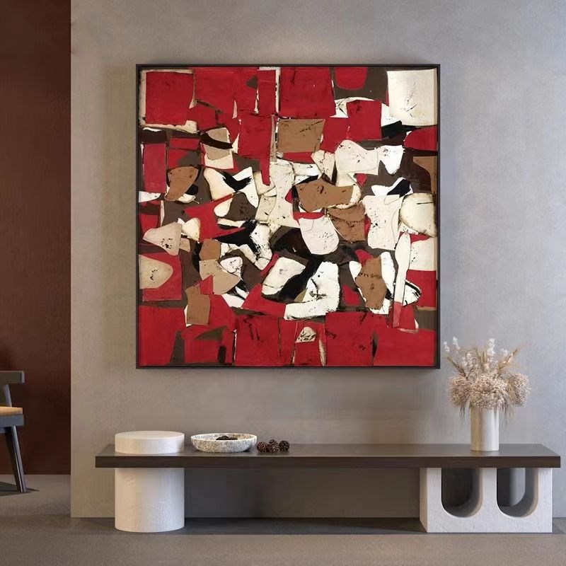 手绘油画 画客g厅书房玄关装饰画 画红色抽象中古风艺术覆古现代图片