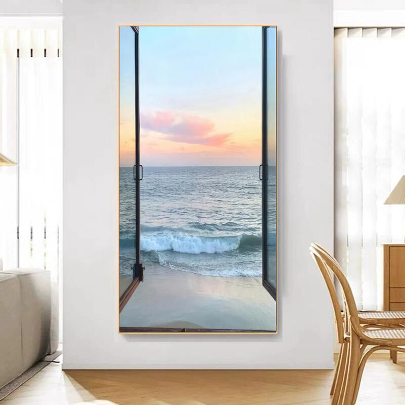 大海沙滩空间延伸感仿q假窗户装饰画海浪玄关挂画流水生财窗子壁