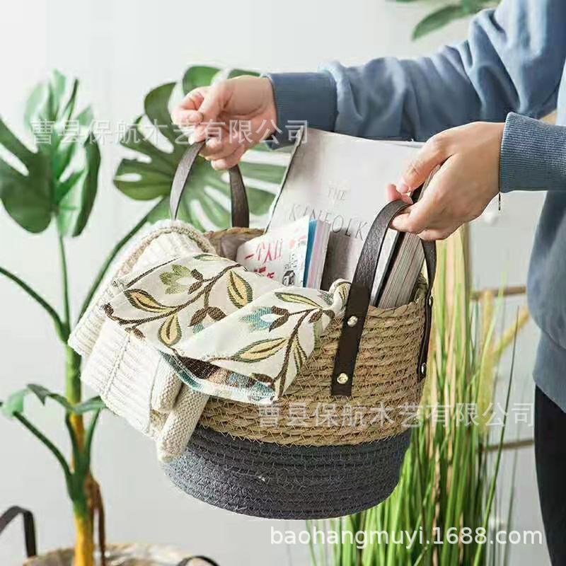 草编编织花盆较k大篮子花盆套蒲草海草麻绳手柄植物藤编