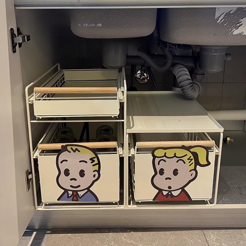 新款厨房橱柜拉篮下水置物架多功能碗碟调料收纳抽拉式分层架子无