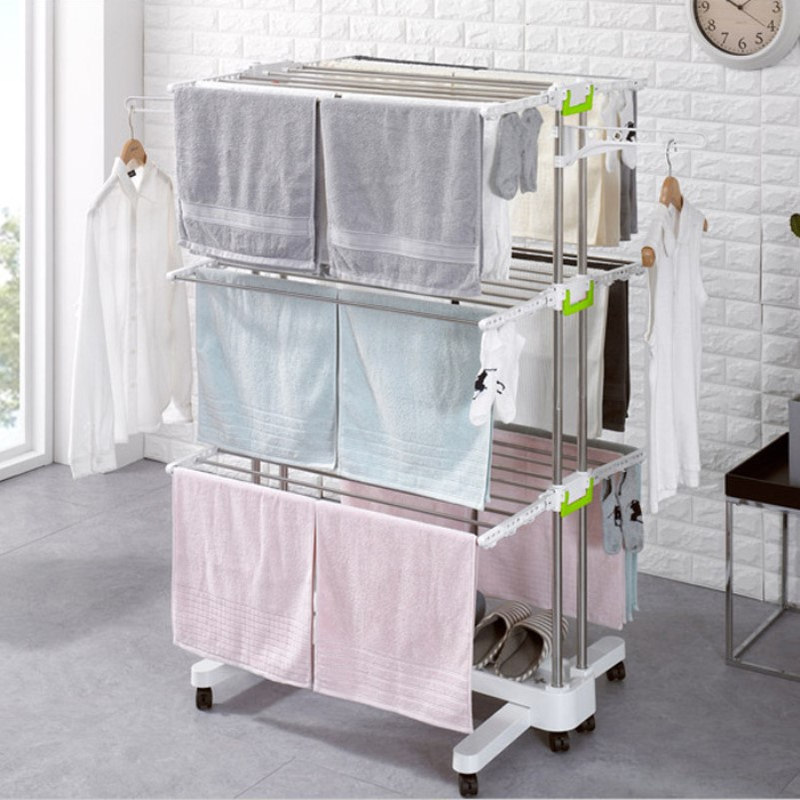 新品多功能移动落地折叠不锈钢双杆升降晾衣架晒衣架收纳室内外简