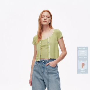 豆绿色针织上衣AL32801736 短款 AVVENN设计师款 透气真两件修身