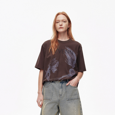 AVVENN2025夏季后捏褶竹节麻感透气宽松大板型圆领T恤AL31001506