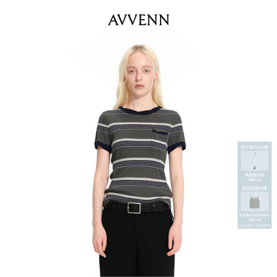 AVVENN经典条纹扭结简约复古老钱风短袖套头针织衫 AK30601637