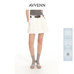 AVVENN白色垂感宽松斜插袋花苞牛仔短裙 AK31502770