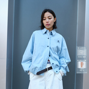 AVVENN蓝色刺绣logo衬衫 翻领中长外套AK10110776