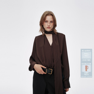 AVVENNV领修肩复古棕飘带收摆长袖 上衣AM90801732