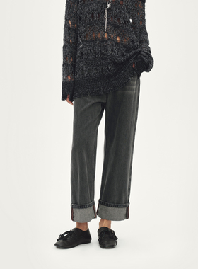 AVVENN腰带黑灰色宽松直筒九分牛仔裤AL91302619