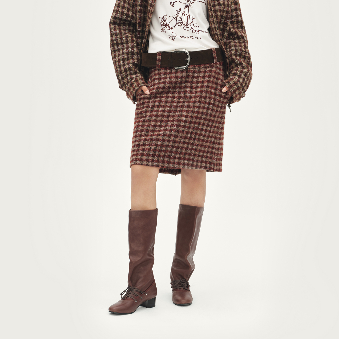 AVVENN红咖小细格时髦氛围感百搭半身裙AL91503788