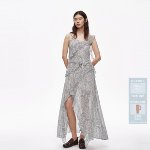 AVVENN设计师款 飘逸雪纺荷叶边腰果花吊带连衣裙AL31101703