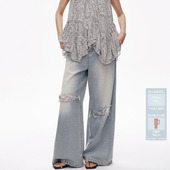 AVVENN设计师款 AL31302634 破洞白蕾丝拼接宽松H型休闲牛仔裤