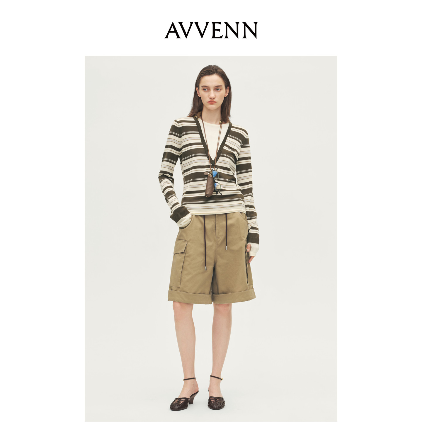 AVVENN设计师款假两件渐变条纹深V领套头羊毛衫AL70601638