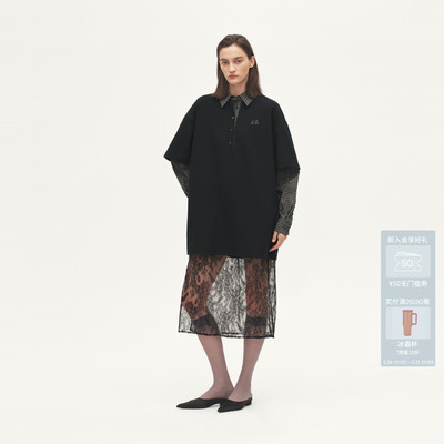 AVVENN设计师款直版宽松黑白格纹蕾丝拼接连衣裙AL71101680