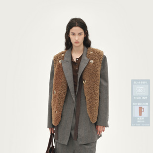 AVVENN复古V领棕咖里外两穿纽扣胸针马夹AL90701570