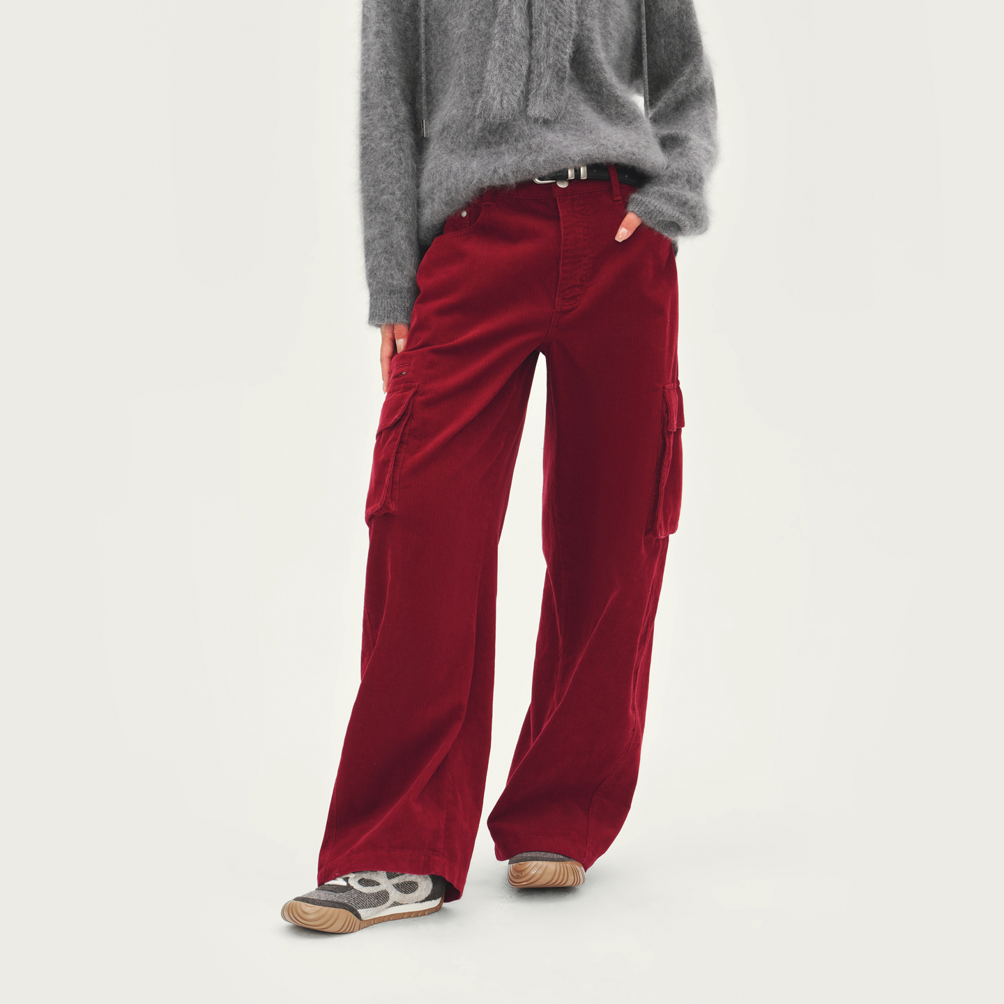 AVVENN配腰带灯芯绒撞钉立体贴袋弯刀牛仔裤时髦百搭AL91302617