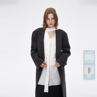 AVVENN休闲及地自带腰绳羊毛长款 大衣AM90303553