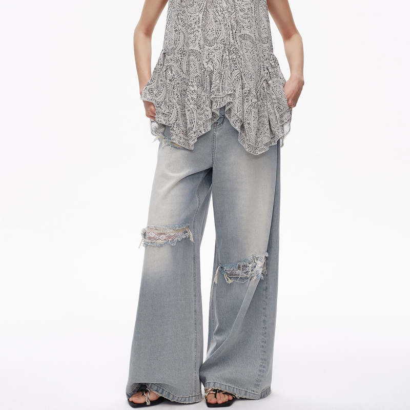 AVVENN设计师款破洞白蕾丝拼接宽松H型休闲牛仔裤AL31302634
