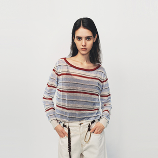 AVVENN撞色条纹真两件天丝亚麻混纺毛织长袖上衣AK10601643