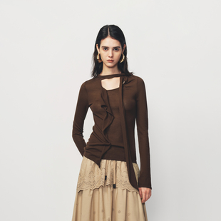 AVVENN不对称飘带荷叶边细节立体感针织上衣AK10601640
