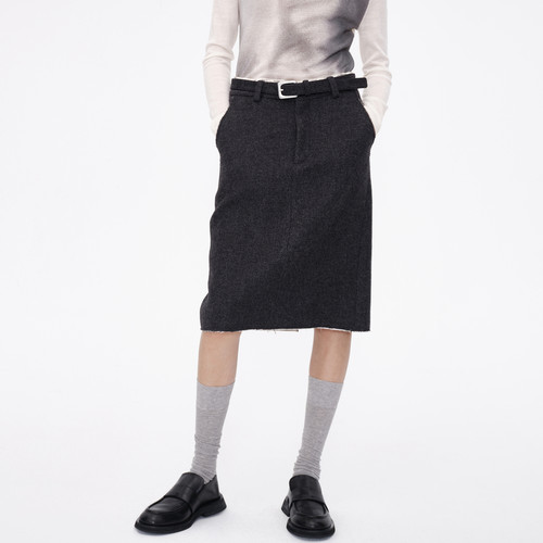 AVVENN不易皱毛边印花中裙