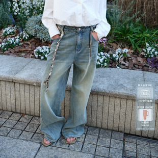 AVVENN竹节斜纹肌理水洗腰链组合直筒牛仔裤 AK11302604