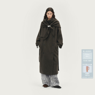 AVVENN羊毛骆驼绒双面呢三角巾披肩款 长大衣AL90303723