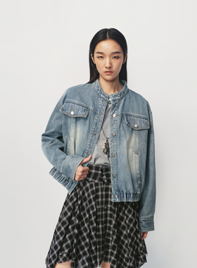 AVVENN三角针袋盖装饰宽松水洗蓝色立领牛仔短款外套AK10109594