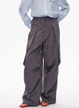 AVVENN2025夏季轻薄骨感紫灰色双层松紧腰经典工装裤AL31301519