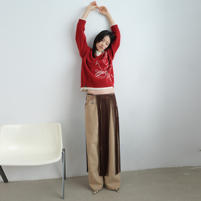 【小竹马胶囊】AVVENN撞色绣花压线竹马印花腰带牛仔裤AK11302621