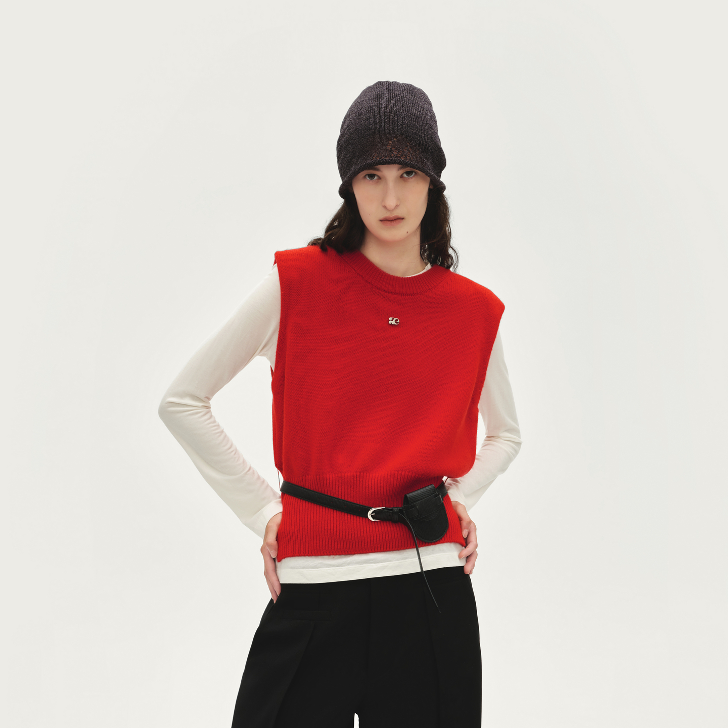 AVVENN羊毛羊绒毛针织背心宽松无袖配腰带包本命红色AL91202571