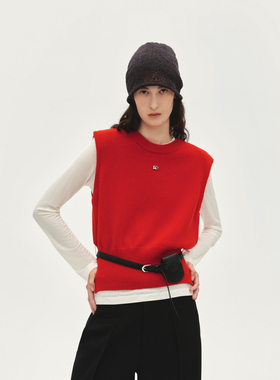 AVVENN羊毛羊绒毛针织背心宽松无袖配腰带包本命红色AL91202571