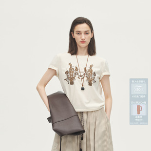 AVVENN设计师款 垫肩可拆后背镂空麻感直身圆领T恤AL71001788