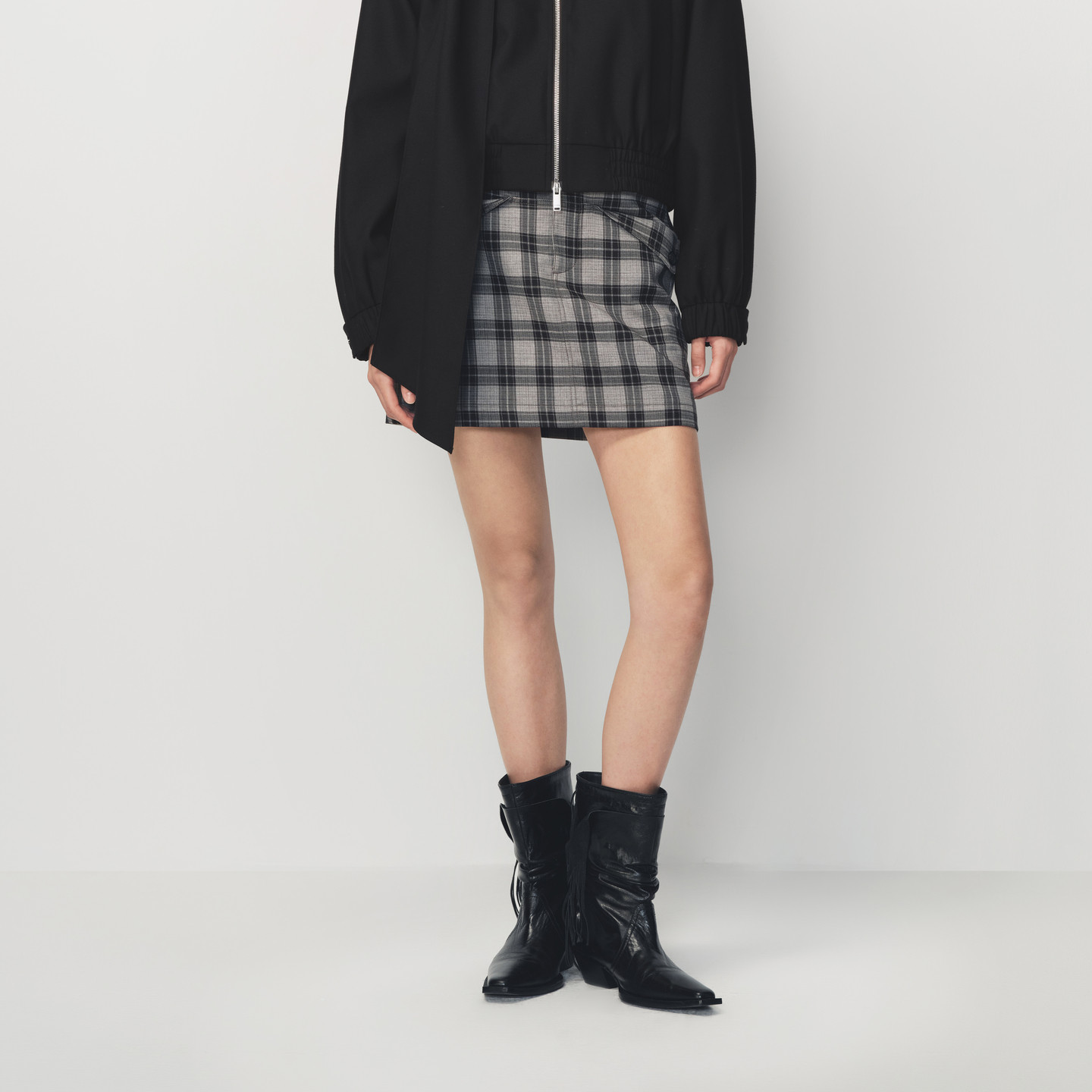 AVVENN灰色系格纹翻边口袋设计可调节直筒中裙AK11501706,女装/女士精品,半身裙,淘宝优惠券,粉丝福利购,淘宝优惠卷