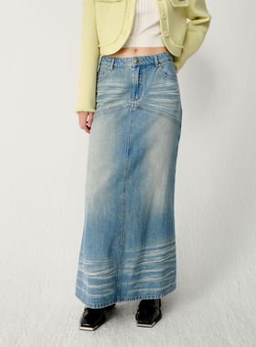 AVVENN复古蓝色水洗鱼尾牛仔长裙AM11507699