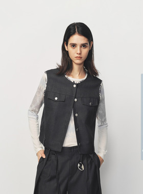 AVVENN拼接出芽细节宽松羊毛混纺宽松马甲AK10701557