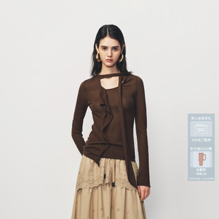 AVVENN不对称飘带荷叶边细节立体感针织上衣AK10601640