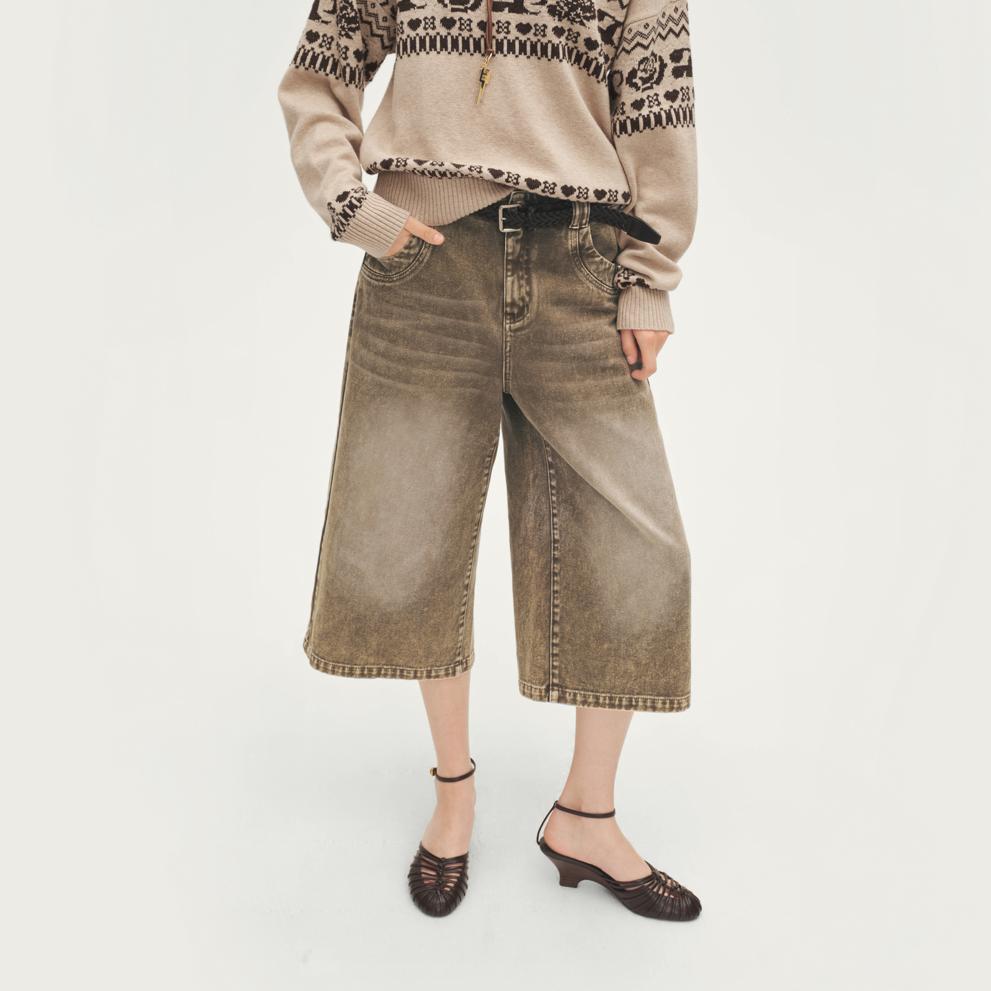 AVVENN设计师款错位假两件式插袋宽松七分牛仔裤AL71305595