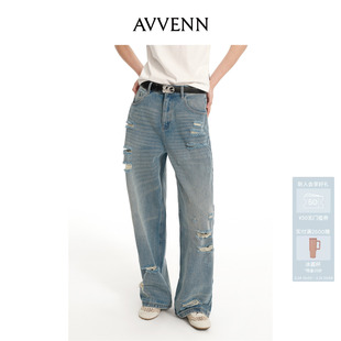 宽松慵懒水洗不规则破洞牛仔裤 经典 牛仔蓝 装 AVVENN901裤