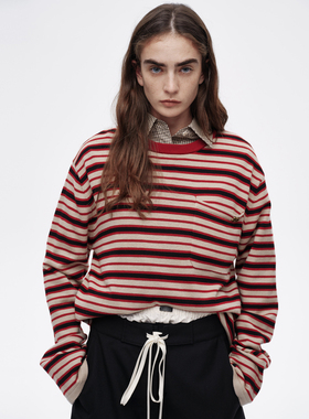 AVVENN设计师款福运蛇撞色条纹条纹衬肤宽松毛衣AL10601669