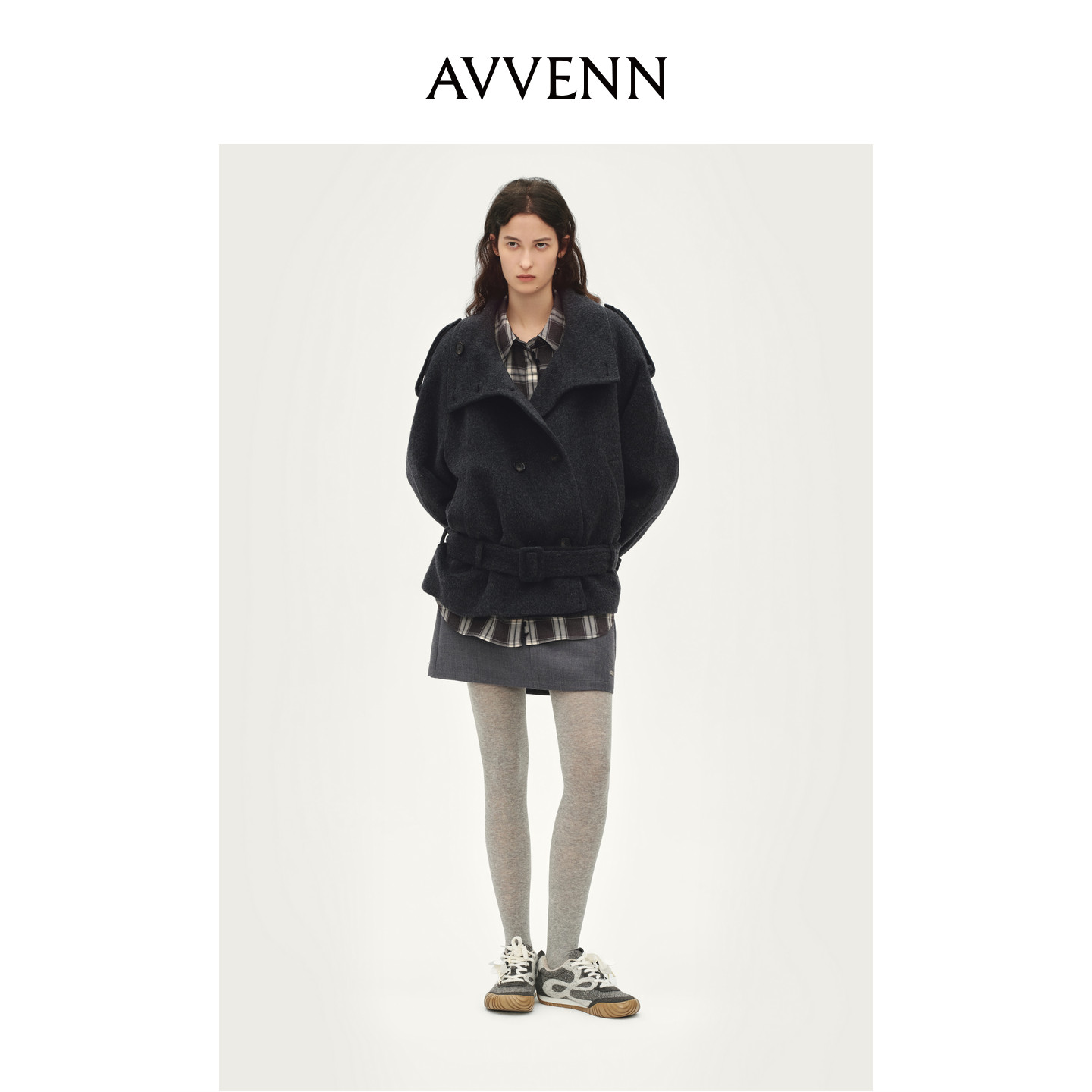 AVVENN配腰带羊驼羊毛中长款双肩袢斜插袋外套深灰大衣AL90301532