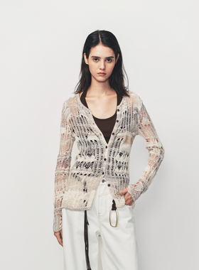 AVVENN米色渐变花纱复古层次感镂空长袖针织衫AK12802579