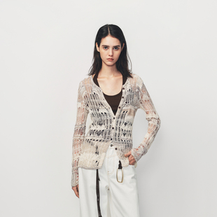 AVVENN米色渐变花纱复古层次感镂空长袖针织衫AK12802579