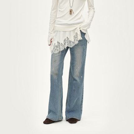 AVVENN设计师款牛仔微喇裤修身不规则彩点AL91302631