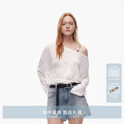 AVVENN设计师款宽松串珠斜肩醋酸肌理感弹力长袖AL30801594