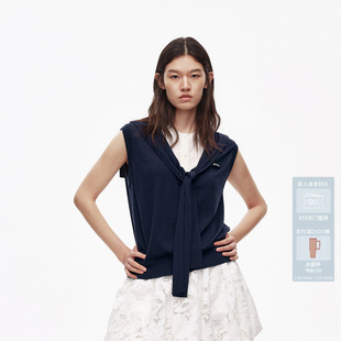 AL30601728 混纺纱针织衫 AVVENN设计师款 藏青撞色假两件披肩式