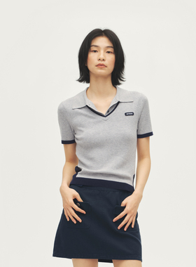 AVVENN设计师款灰色假两件短袖领毛衣针织Polo衫女AL70601636