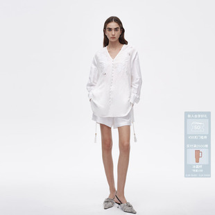 AVVENN设计师款 AL12401753 重工贵气刺绣V领舒适透气亚麻套装